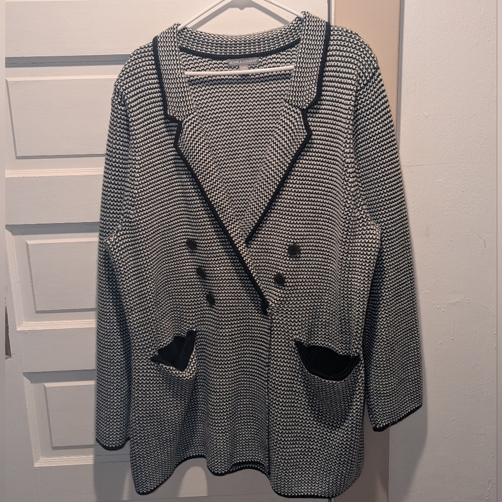 Jessica London Black and White Striped Cardigan Sweater